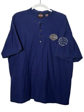 Vintage Harley Davidson USA Henley Shirt Blue 2XL Baltimore MD Short Sleeve